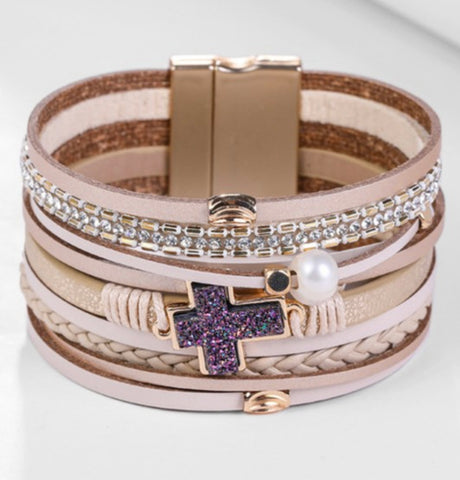 Multi strand leather bracelet with cross accent