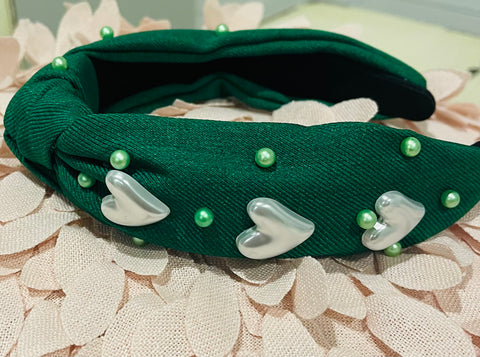Green headband with hearts