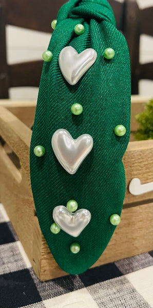 Green headband with hearts